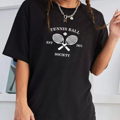 Damen Schwarz Oversized T-Shirt Rundhals Kurzarm Baumwollmischung Tennis Society Druck Casual Retro Sport Grafik Tee Top