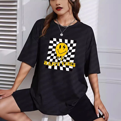 Γυναικείο Casual Oversized T-Shirt Και Σορτς Ποδηλασίας Happy Face Σκακιέρα Streetwear Μπλούζα Και Παντελόνι
