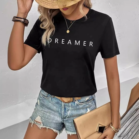 Damen Casual Schwarz Rundhals Kurzarm T-Shirt Dreamer Buchstabendruck Minimalistisch Baumwollmischung Sport Top Streetwear