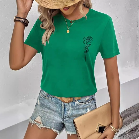 Camiseta de Mujer Casual con Estampado Floral de Rosas Cuello Redondo Manga Corta Mezcla de Algodón Moda de Verano Streetwear Diario Verde