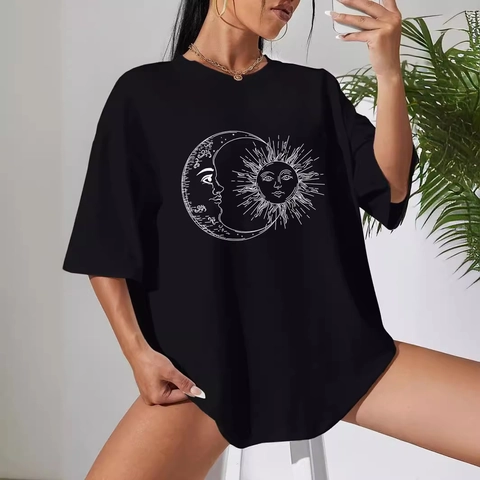 Damen Oversize Baumwollmischung T-Shirt Casual Rundhals Kurzarm Top Sonne Mond Druck Street Style Mode Tee