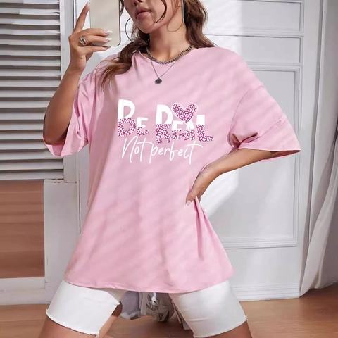 Damen Rosa Baumwollmischung T-Shirt Rundhalsausschnitt Kurzarm Lockerer Schnitt Buchstaben Druck Herz Leoparden Grafik Casual Top