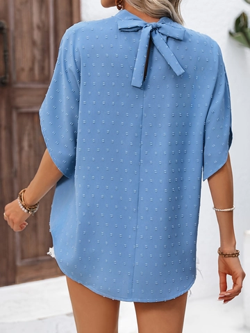 Elegante Dames Blouse met Zwitserse Stip Patroon Hoge Hals Casual Korte Mouw Pullover Zomer Top Vleermuismouw Shirt met Strik op de Rug