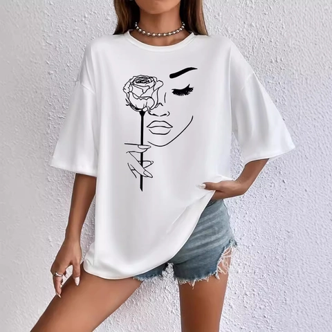 Damen Oversize Casual Rundhals Kurzarm T-Shirt Minimalistischer Rosen-Gesichts-Liniendruck Weißes Lockeres Polyester Top