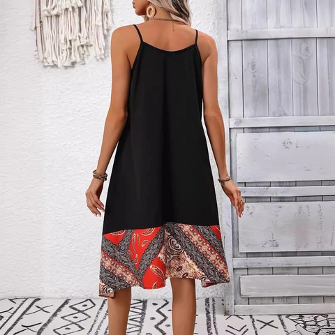 Women Bohemian Spaghetti Strap Dress Casual Asymmetric Hem Paisley Print Sleeveless Midi Dress Summer Vacation Beachwear