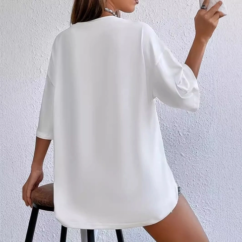 Damen Oversize Casual Rundhals Kurzarm T-Shirt Minimalistischer Rosen-Gesichts-Liniendruck Weißes Lockeres Polyester Top