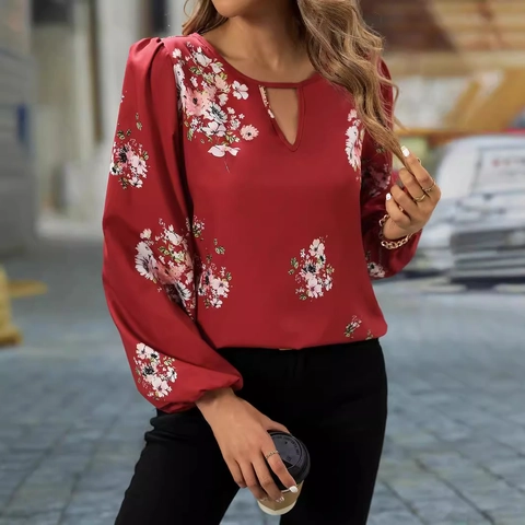 Damen Elegant Weinrot Blumenmuster Chiffon Bluse Laternenärmel Langarm Schlüsselloch Rundhals Regulär Pullover Top Für Büro