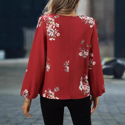 Damen Elegant Weinrot Blumenmuster Chiffon Bluse Laternenärmel Langarm Schlüsselloch Rundhals Regulär Pullover Top Für Büro