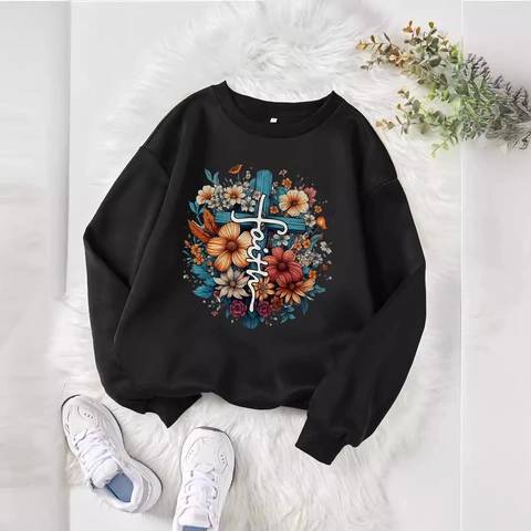 Sweat-shirt Noir Décontracté pour Femmes Doublé Polaire Manches Longues Faith Croix Imprimé Floral Col Rond Pullover Chaud Haut Automne Hiver