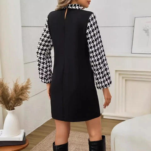 Elegantes Hahnentritt Patchwork Mini Kleid Damen Herbst Schmale Passform Laternenärmel Revers Büro Party Langarmkleid