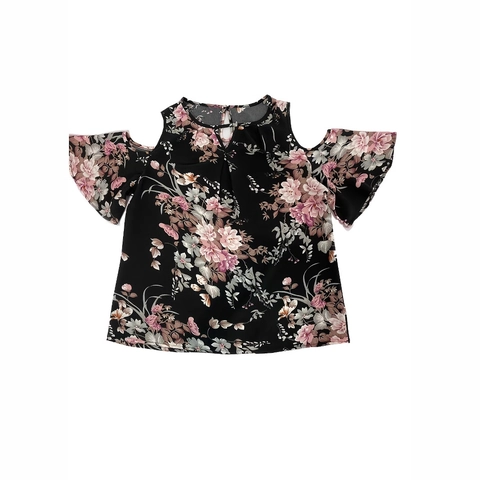 Blusa Estampado Floral con Hombros al Aire Manga Corta Estilo Gasa Top con Volantes Casual Camisa de Verano