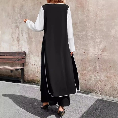 Damen Kontrastfarbe Lange Weste Weiß Langarm Innen Und Weites Bein Hose Set Elegante Büro Dame Mode Cardigan Outfit