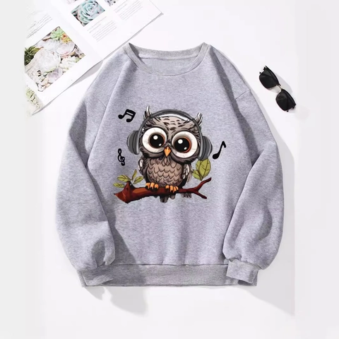 Felpa da Donna Casual a Maniche Lunghe con Girocollo Pullover con Stampa a Gufo in Cartone Animato Grigio Autunno Inverno