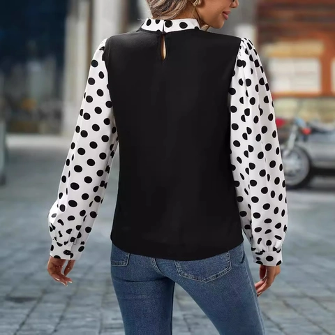 Camicetta Donna Patchwork a Pois Manica Lunga Elegante Dolcevita Maniche a Sbuffo Primavera Autunno Casual Office Top