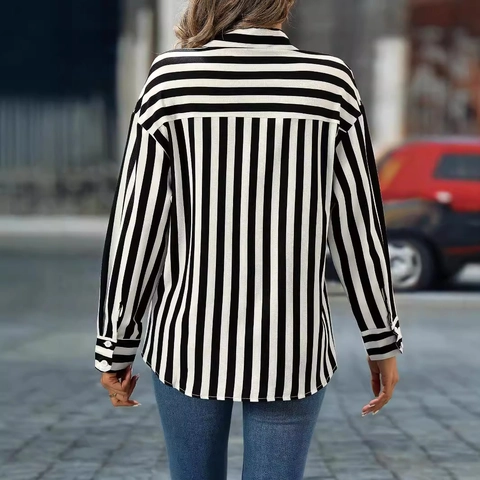 Damen Casual Gestreiftes Revers Langarmhemd Elegant Pendler Mittellange Polyester Bluse Schwarz Weiß Gestreift