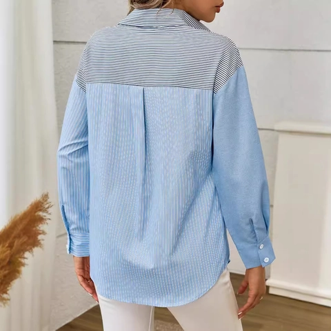Camicetta Donna alla Moda con Patchwork a Righe Maniche Lunghe Casual Colletto a Revers Abbottonato Top Lavoro Blu Chiaro