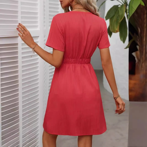 Damen Elegant V Ausschnitt Knöpfe Kurzarm Kleid Sommer Einfarbig Elastische Taille Rippenstruktur Mini A-Linie Kleid