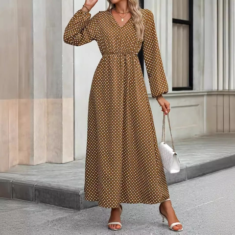 Damen V-Ausschnitt Polka-Dot Langarm Maxikleid Polyester Elegant Hohe Taille A-Linie Langes Kleid Für Party Urlaub Alltag