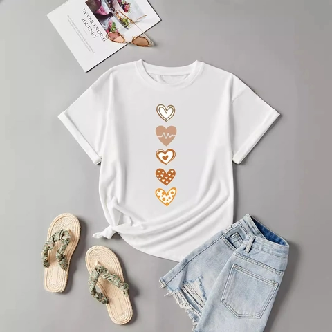 Damen Casual Weiß Kurzarm Rundhals T-Shirt Boho Erdig Herz Druck Saum Knoten Sommer Tee Top