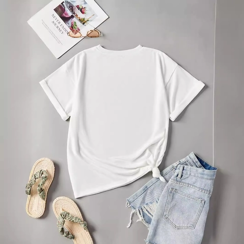 Damen Casual Weiß Kurzarm Rundhals T-Shirt Boho Erdig Herz Druck Saum Knoten Sommer Tee Top