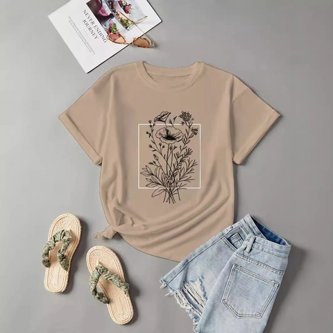 Damen Sommer Casual Rundhals T-Shirt Minimalistisch Floral Linienkunst Druck Khaki Kurzarm Top