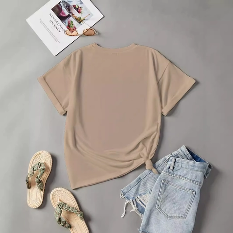 Damen Sommer Casual Rundhals T-Shirt Minimalistisch Floral Linienkunst Druck Khaki Kurzarm Top