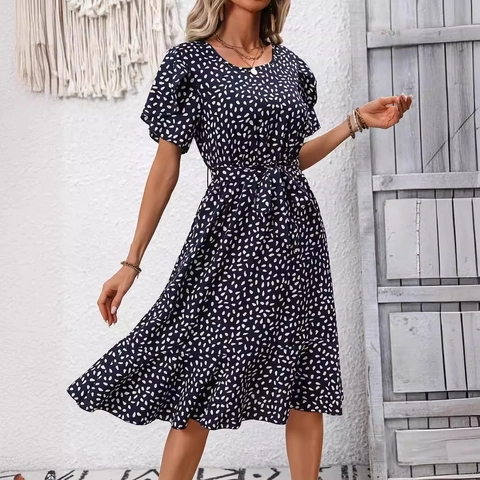 Dames Marineblauw Polka Dot Midi Jurk Pofmouw Knoopmiddel Ruffle Zoom A-Lijn Casual Zomer Lichtgewicht Polyester Jurk