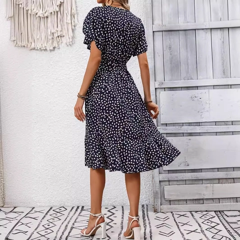 Dames Marineblauw Polka Dot Midi Jurk Pofmouw Knoopmiddel Ruffle Zoom A-Lijn Casual Zomer Lichtgewicht Polyester Jurk