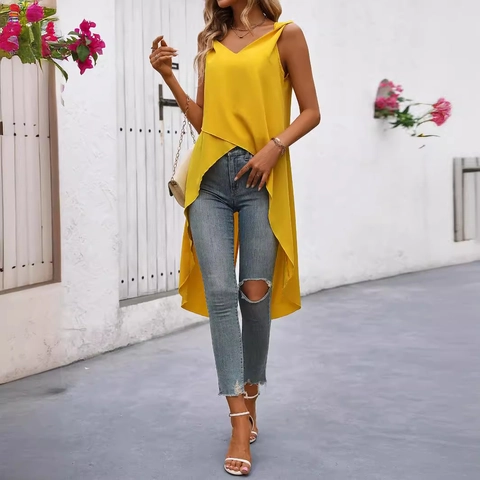 Women Elegant Sleeveless V Neck Asymmetrical High Low Hem Top Casual Solid Polyester Back Slit Long Vest Blouse For Summer