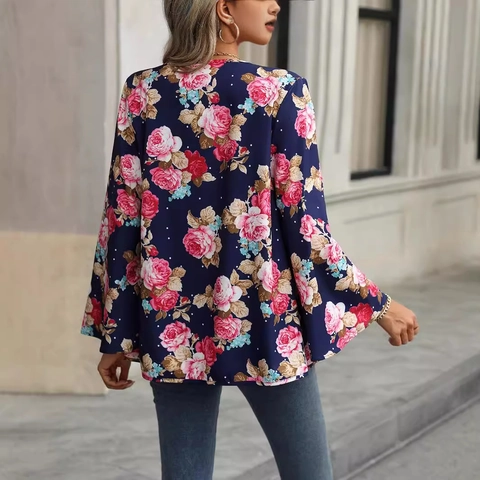 Women Casual Floral Print Kimono Cardigan Flared Long Sleeve Navy Blue Boho V Neck Chiffon Loose Blouse Top For Daily Vacation