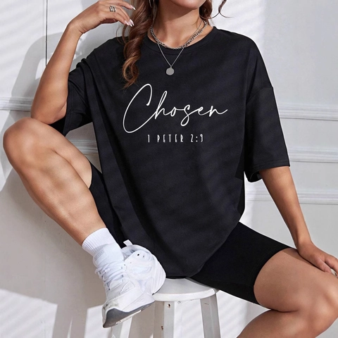 Women Casual Oversized Black T-Shirt Round Neck Short Sleeve Cotton Blend Top With Chosen Bible Verse Religious Print