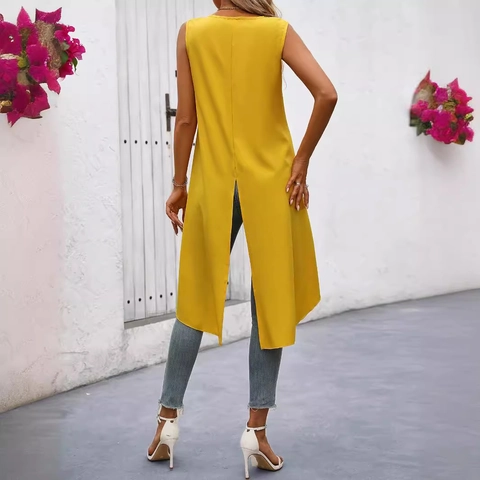 Women Elegant Sleeveless V Neck Asymmetrical High Low Hem Top Casual Solid Polyester Back Slit Long Vest Blouse For Summer