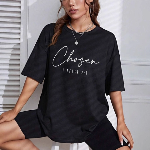 Women Casual Oversized Black T-Shirt Round Neck Short Sleeve Cotton Blend Top With Chosen Bible Verse Religious Print