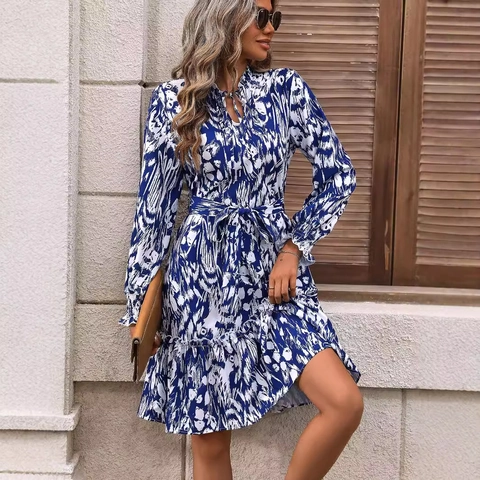 Women Elegant V Neck Long Flare Sleeve Midi Dress Abstract Floral Print Belted Ruffle Hem Polyester Chiffon Style Dress
