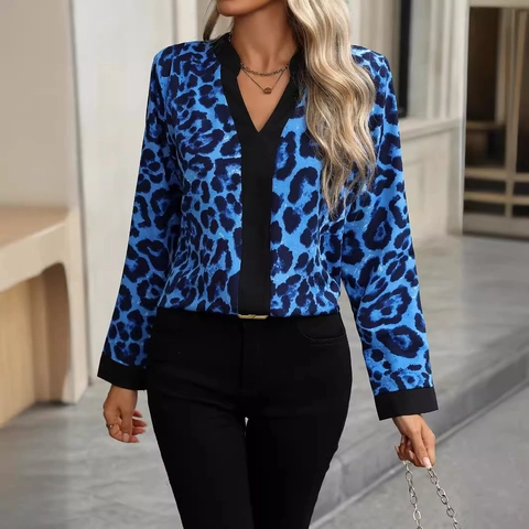 Blusa da Donna con Scollo a V e Stampa Leopardata Manica Lunga Patchwork a Contrasto Camicia Pullover Casual Top da Ufficio