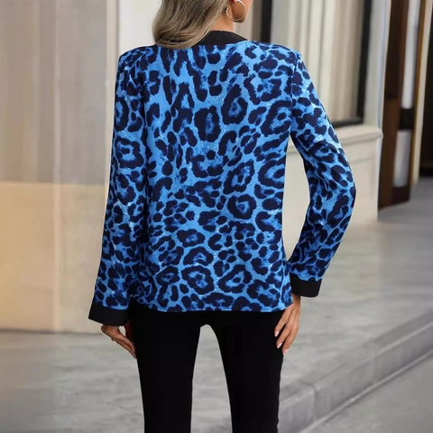 Blusa da Donna con Scollo a V e Stampa Leopardata Manica Lunga Patchwork a Contrasto Camicia Pullover Casual Top da Ufficio