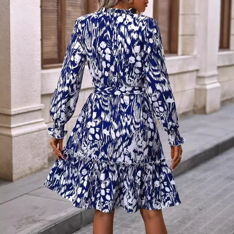 Women Elegant V Neck Long Flare Sleeve Midi Dress Abstract Floral Print Belted Ruffle Hem Polyester Chiffon Style Dress