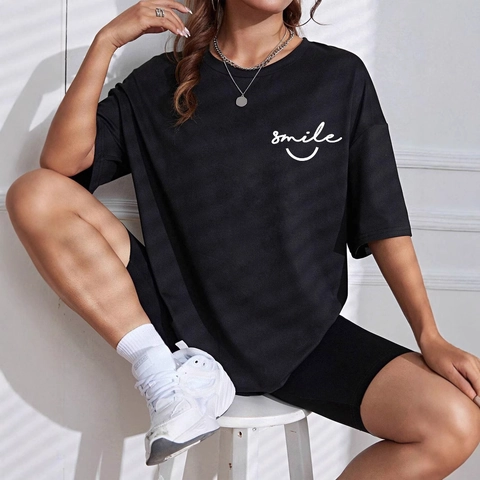 Maglietta Nera Oversize Casual da Donna Girocollo Manica Corta in Misto Cotone Top Pullover Con Stampa Smile Streetwear