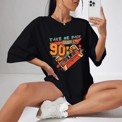 Damen Oversize T-Shirt Schwarz Vintage 90er Jahre Kassette Blumenmuster Rundhals Kurzarm Baumwollmischung Casual Streetwear Top