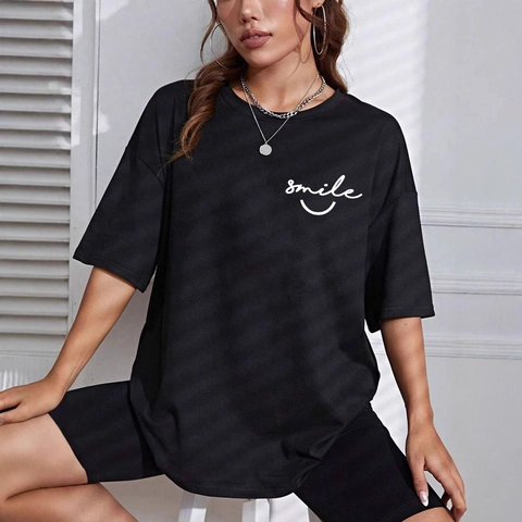 Maglietta Nera Oversize Casual da Donna Girocollo Manica Corta in Misto Cotone Top Pullover Con Stampa Smile Streetwear