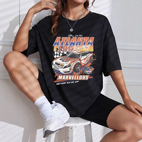 T-Shirt Noir Oversize Décontracté pour Femmes Graphique de Course Vintage Col Rond Manches Courtes Mélange de Coton Streetwear
