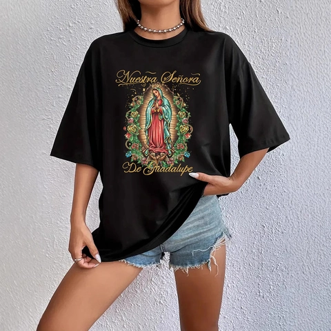 Women's Oversized T-Shirt Our Lady Of Guadalupe Graphic Print Short Sleeve Round Neck Black Streetwear Tee Top