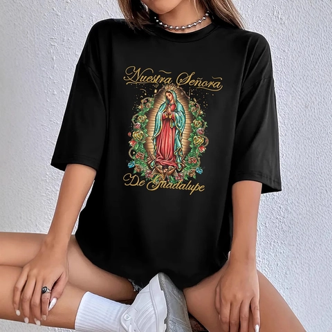 Women's Oversized T-Shirt Our Lady Of Guadalupe Graphic Print Short Sleeve Round Neck Black Streetwear Tee Top