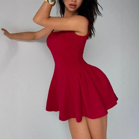 Vestido Mini Elegante para Mujer Cuello Cuadrado Sin Mangas Sin Espalda Color Sólido Rojo Línea A Vestido de Fiesta