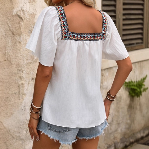 Women Bohemian Embroidered Square Neck Blouse Short Flutter Sleeve Backless Summer Vacation Top Polyester Shirt