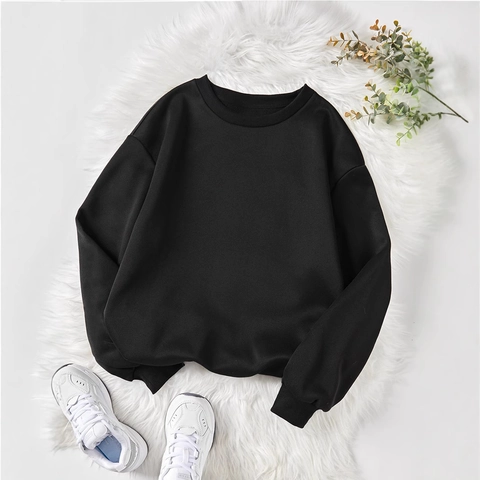 Women's Casual Solid Color Crewneck Sweatshirt Fleece Lined Long Sleeve Pullover Loose Fit Drop Shoulder Basic Sweatshirt Top