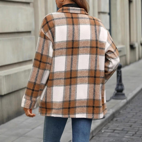 Damen Casual Karo Shacket Lockere Passform Langarm Knopfleiste Hemdjacke Mit Taschen Reverskragen Herbst Winter Mantel