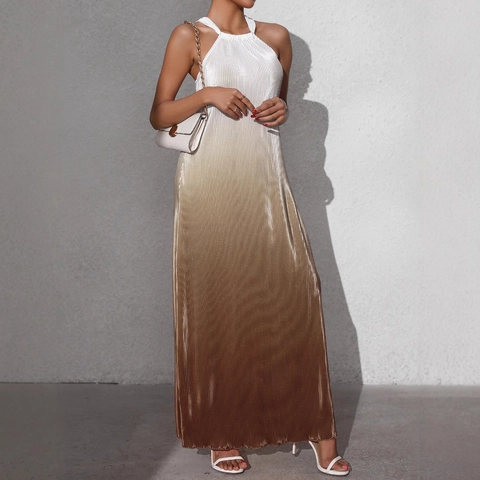 Women Sexy Backless Halter Maxi Dress Gradient Pleated Sleeveless A-Line Party Vacation Dress