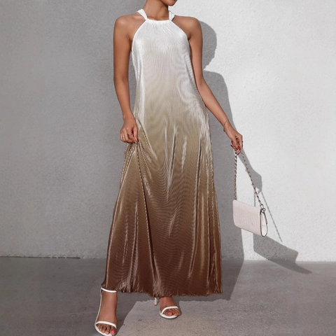 Women Sexy Backless Halter Maxi Dress Gradient Pleated Sleeveless A-Line Party Vacation Dress