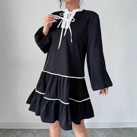 French Style Women Long Sleeve Black Midi Dress Contrast Bow Tie Collar Tiered Ruffle Hem Sweet Lantern Sleeve Dress